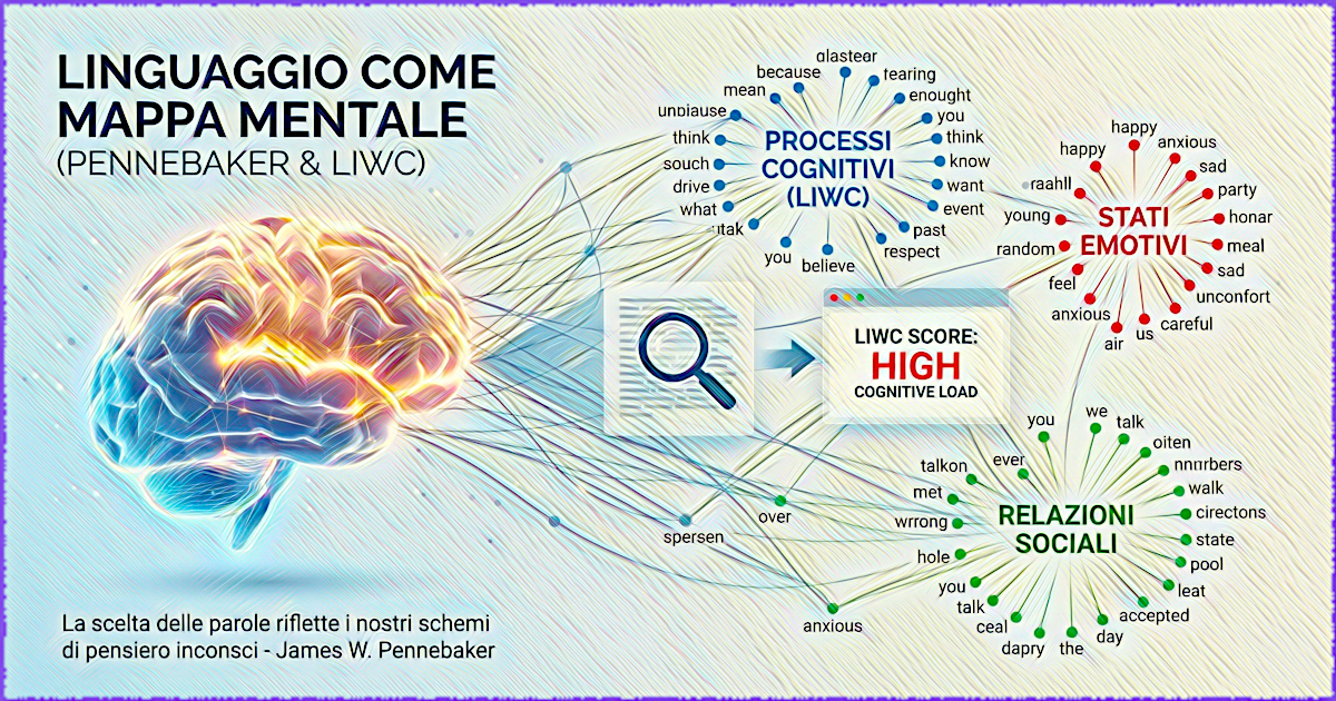 Infografica: come il linguaggio rivela la personalità secondo il modello LIWC di Pennebaker — parole funzionali, pattern emotivi e struttura sintattica